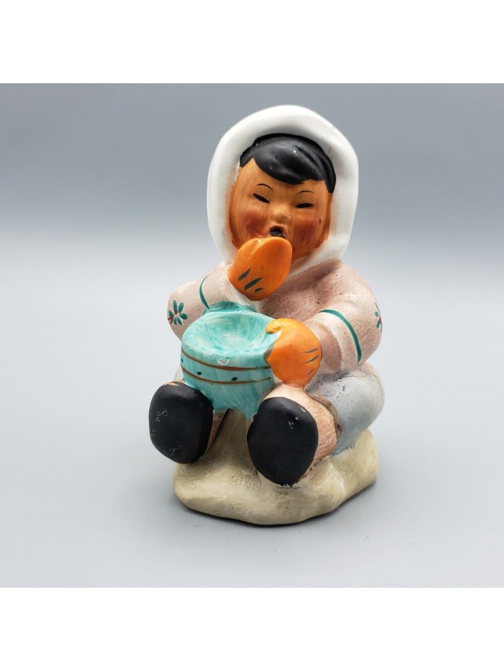 Vintage Figurine Alaskan Eskimo Inuit Child Eating Holding Bowl Parka 1974